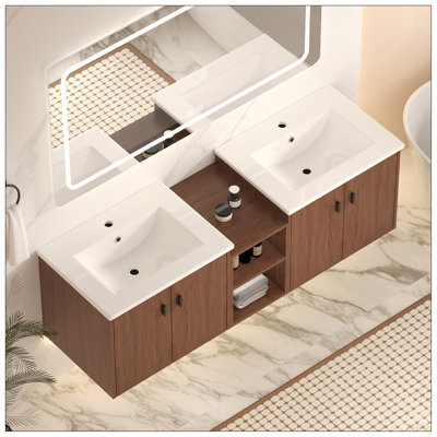 Meuble-lavabo à fermeture en douceur de 60 po de couleur brun rougeâtre, petites tablettes de rangement, armoire combinée de 24 po et de 12 po (emballage KD)