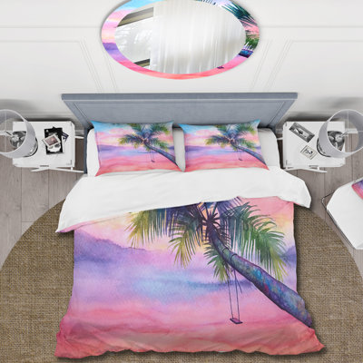 «Vivid Sunset Landscape With Palm and Swing» - Ensemble de housse de couette nautique - Polyester microfibre