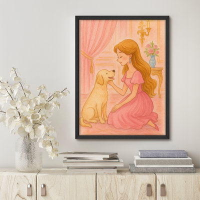 Princess with Dog Framed Print Wall Art - Whimsical Fairytale Illustration in Pastel Pink, Sweet Artwork for Kids' Bedroom or Nursery Decor