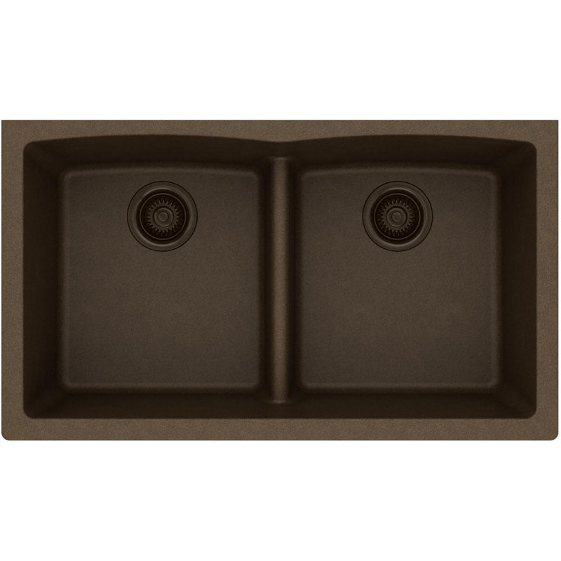 Quartz Classic 33" x 19" x 10" Double Basin Undermount Kitchen Sink with Aqua Divide, Mocha