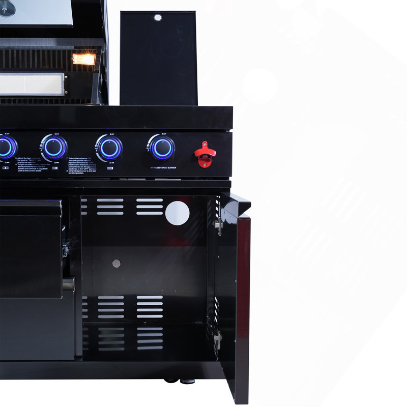 Îlot de barbecue en acier inoxydable de 65,4 po à 4 brûleurs de 72 000 BTU avec brûleur latéral rond et comptoir en marbre