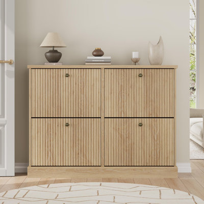 Wooden Fluted Narrow Shoe Cabinet with 4 Flip Drawers & Adjustable Removable Shelves, Freestanding Slim Shoe Storage Organizer for Entryway & Hallway,