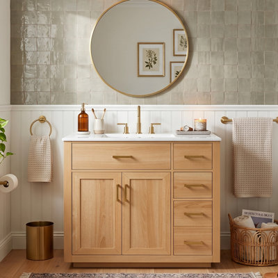 36" Modern Solid Wood Bathroom Vanity with Ceramic Sink, 4 Drawers & Soft-Close Doors, Open Back (Natural Wood)