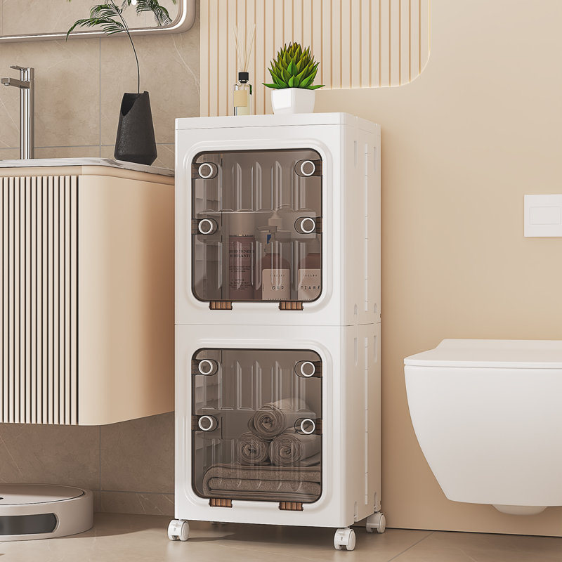 Foldable Vertical Plastic Bathroom Storage Cabinet With Wheels Freestanding Slim Organizer Bins For Small Bathrooms, Laundry, Dorms, And Apartments