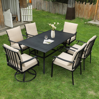 7-piece Outdoor Dining Set, 4 Dining Chairs & 2 Swivel Chairs With Cushions & Rectangular Metal Dining Table With Umbrella Hole, 6 - Person Rectangula