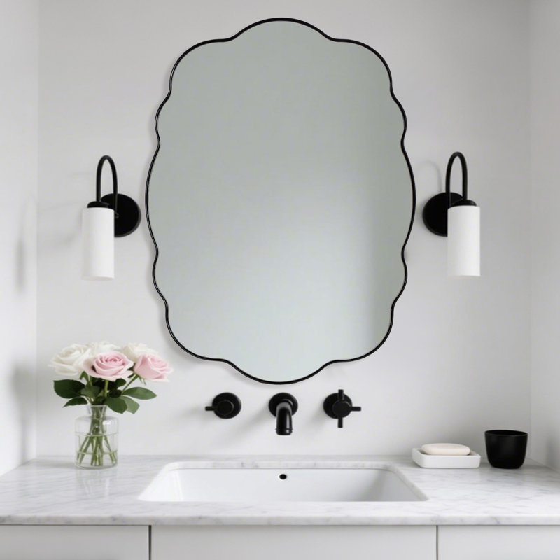 Miroir de salle de bain contemporain ondulé ovale festonné | Cadre en acier inoxydable, Noir mat, 30 po x 22 po