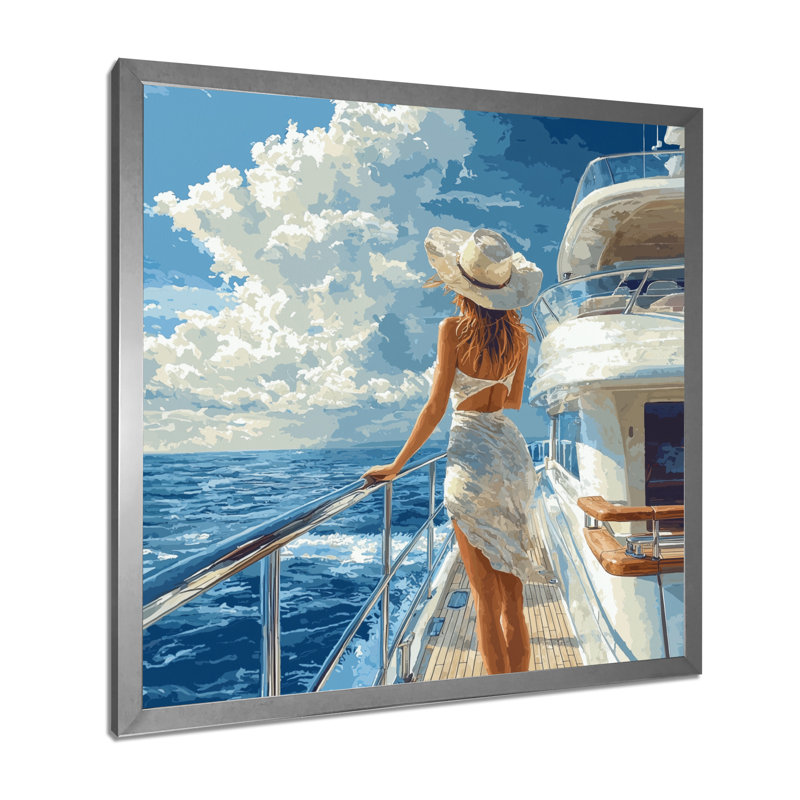 «Audronius Woman Influencer On A Yacht I», art mural femme, Reproduction encadrée d'une seule photo, Argent argent