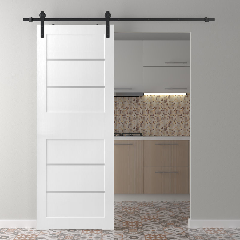 Liah Solid Manufactured Wood Panelled Prefinished Barn Door with Installation Hardware Kit, White, 17.75" x 83.23"