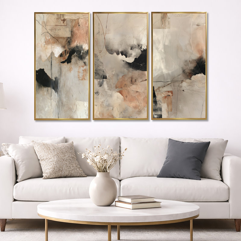 «Black and Gray Brushstroke», peinture abstraite III - art abstrait encadré à 3 panneaux, H 32 po x l 48 po