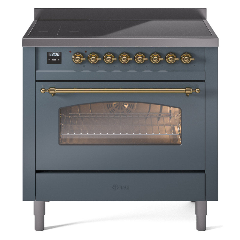 Cuisinière à induction 36 pouces avec 6 éléments à induction ILVE Nostalgie II Series (porte en verre), Gris-bleu / laiton