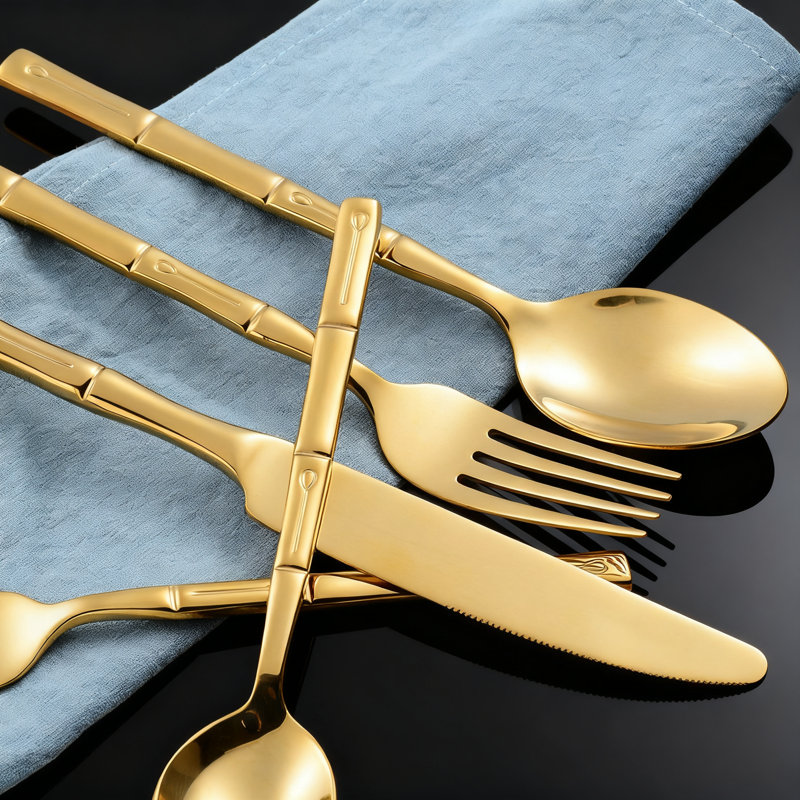 Ensemble de couverts en acier inoxydable doré avec poignées en bambou 60 pièces polies miroir pour la cuisine à domicile Service de mariage pour 12