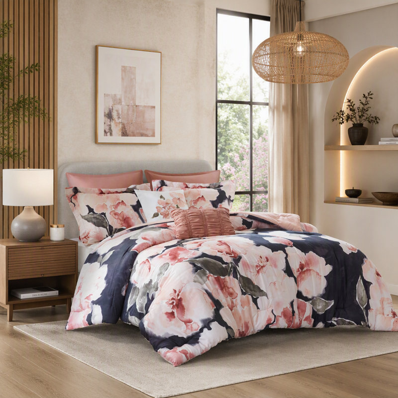 Ensemble de couette 7 pièces pour lit queen, 229 x 229 cm, en coton imprimé hypoallergénique, Multicolore rosé