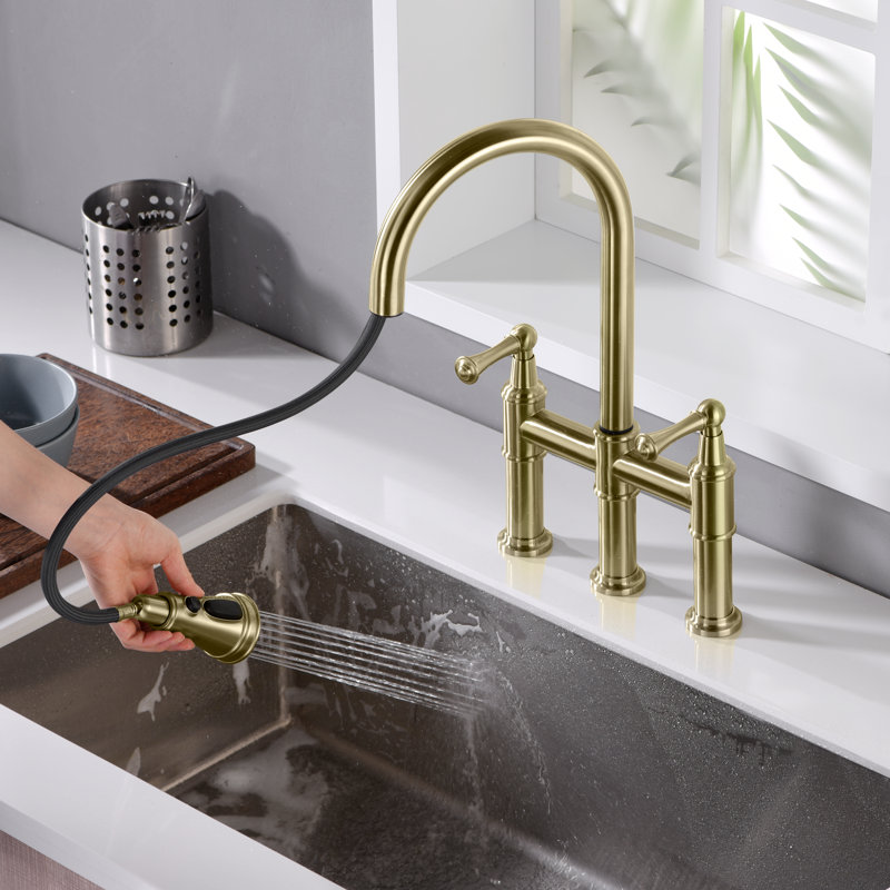 Bridge Pull Down Kitchen Faucet, 3 Hole 8 Inch Kitchen Sink Faucet, Gold