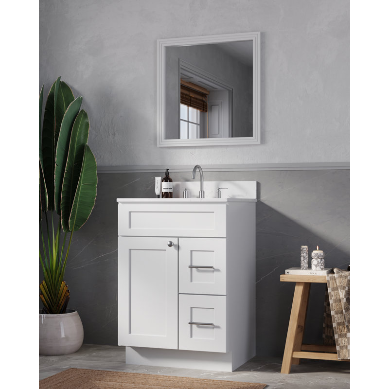 24'' Single Bathroom Vanity Solid Wood With Carrara Quartz Top, White