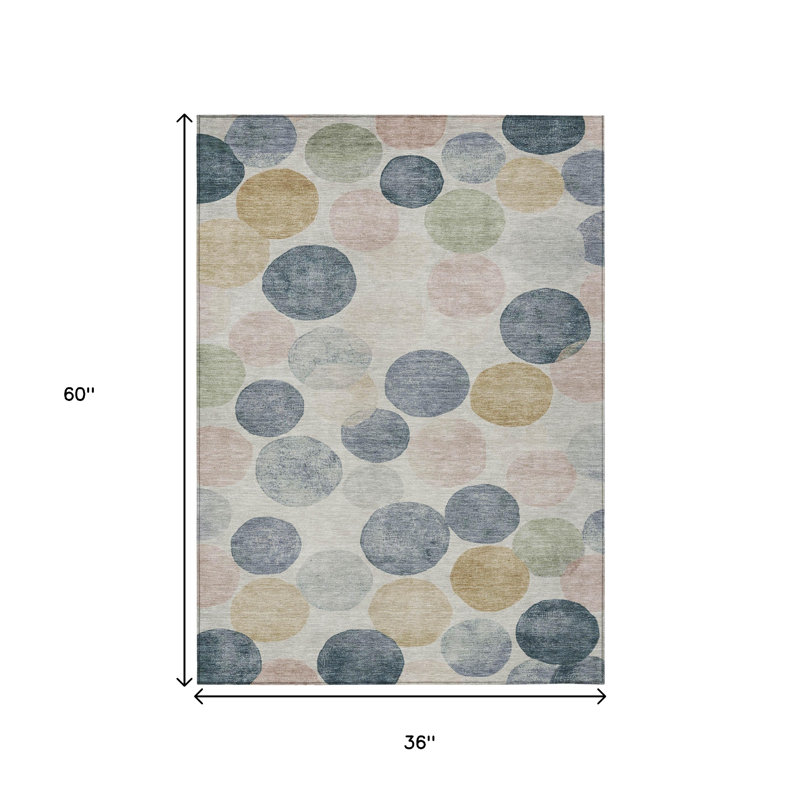 3' X 5' Beige Navy Blue And Gold Geometric Washable Indoor Outdoor Area Rug
