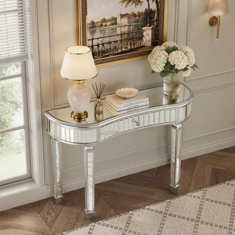 Console à miroir demi-lune 47 po avec tiroir en verre cannelé et poignée en cristal, Grey