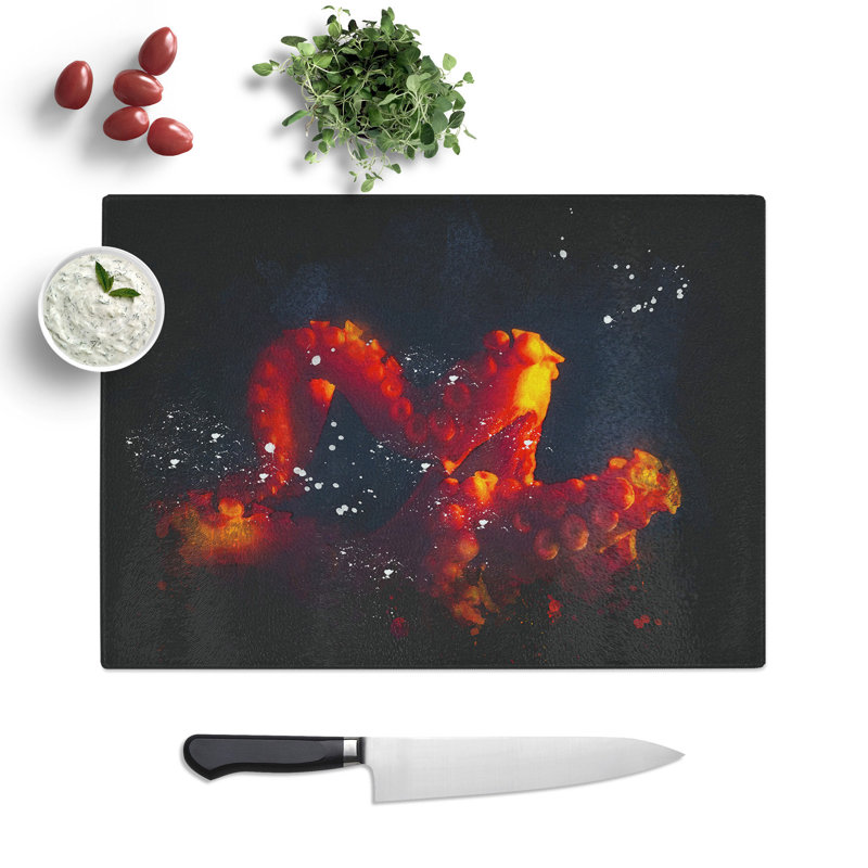 Tempered Glass Red Octopus Chopping Board, 20 cm x 28.5 cm