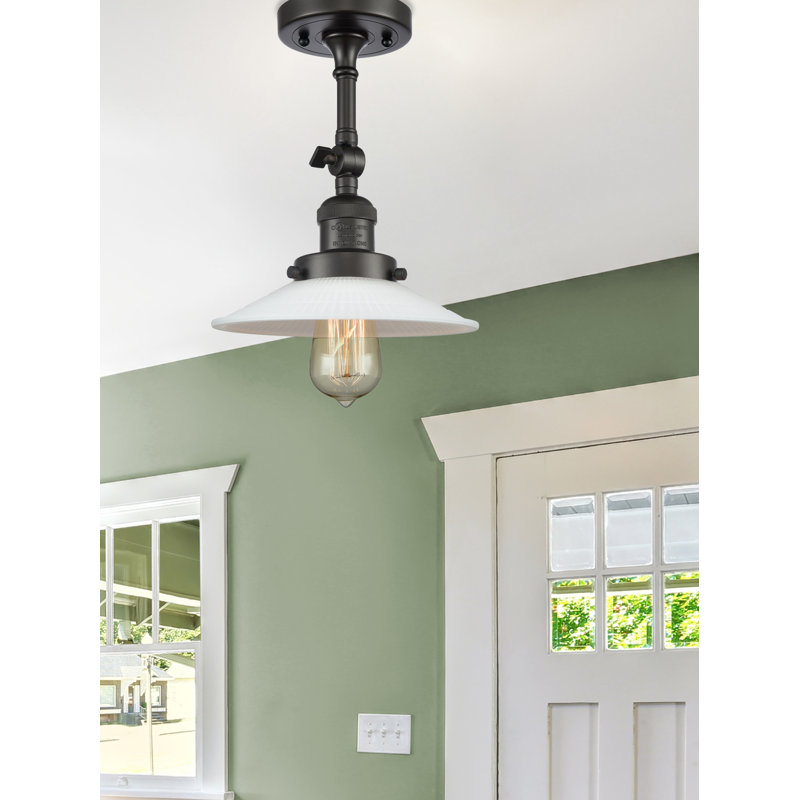 Miramontes Glass Semi Flush Mount, Oil Rubbed Bronze, Matte White Halophane, 6 Watt Vinage LED Bulb