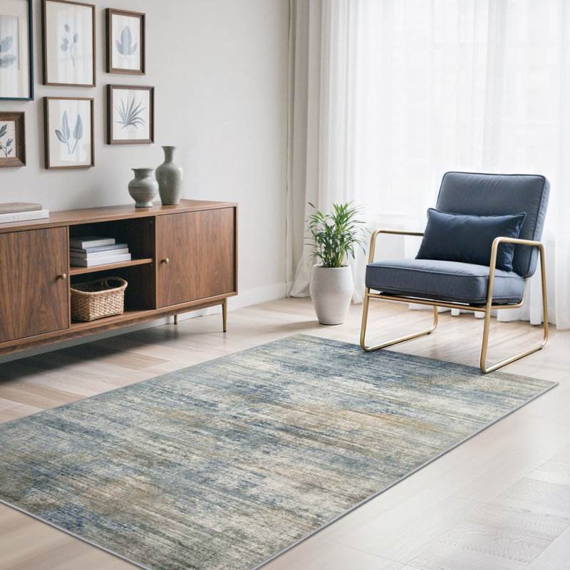 Tapis gris / bleu abstrait et moderne lavable à la machine avec envers antidérapant, Rectangulaire 3 pi x 5 pi