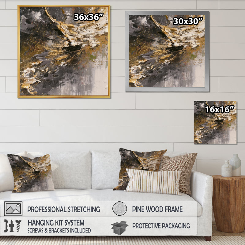 Rêves d'abondance en noir et or - reproduction d'art sur toile, H 30 po x l 30 po x P 1 po, Cadre flottant doré
