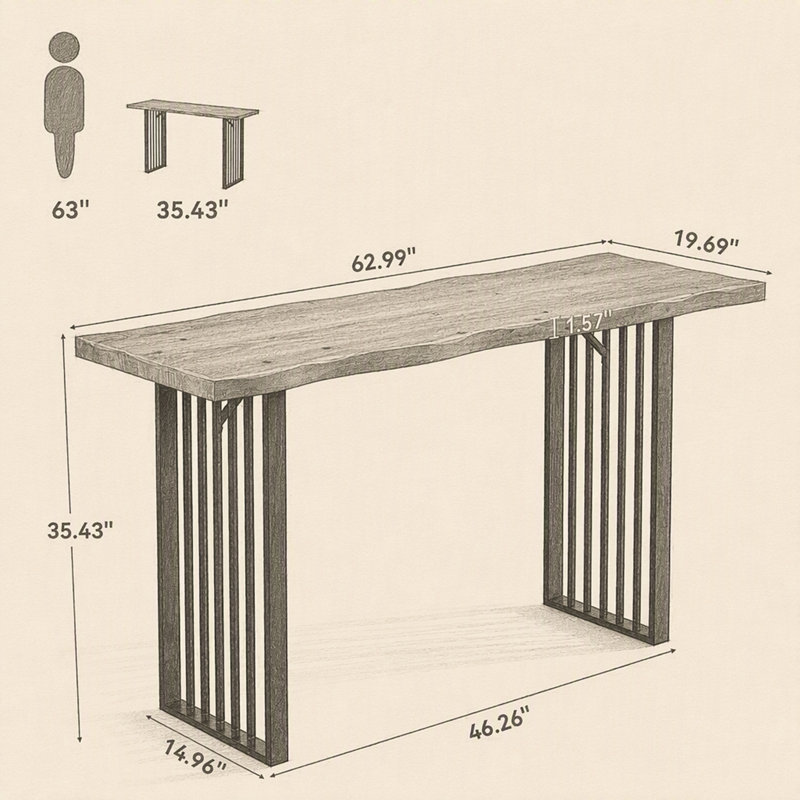 Table de bar 63 po en bois massif, table de pub rectangulaire à hauteur de comptoir avec cadre en métal pour bar personnel (table seulement)