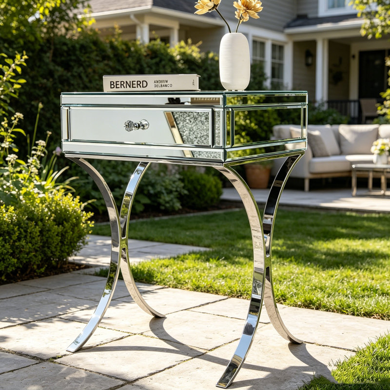 Mirrored Nightstand 1-Drawer Cross-Legs End Table