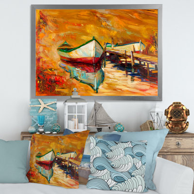 Bateaux blancs et rouges près de la jetée - Peinture sur toile