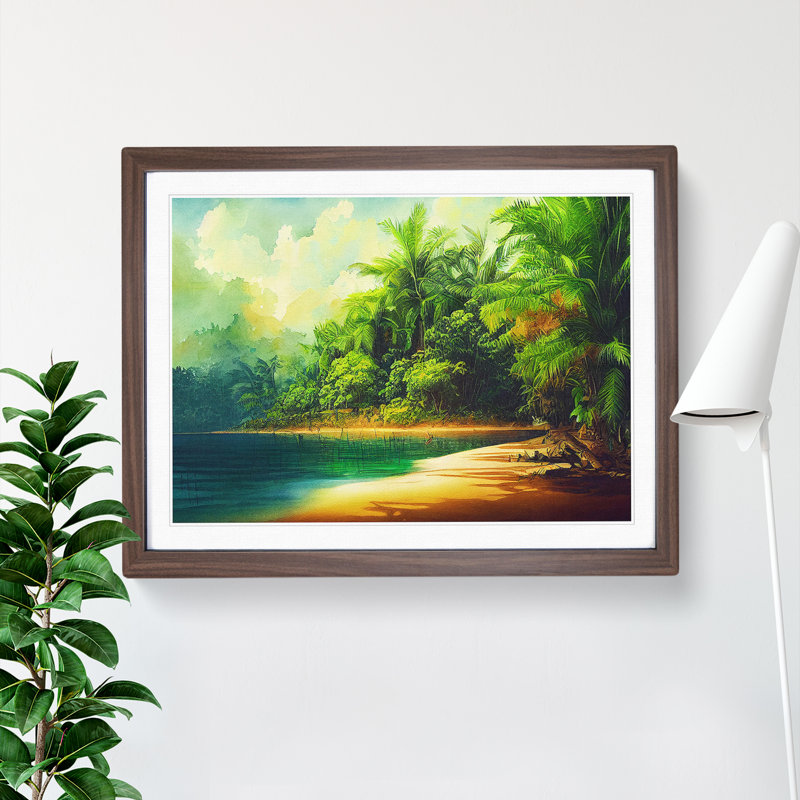Tropical Forest Beach - Single Picture Frame Print, 46cm H x 64cm W x 2cm D, Walnut