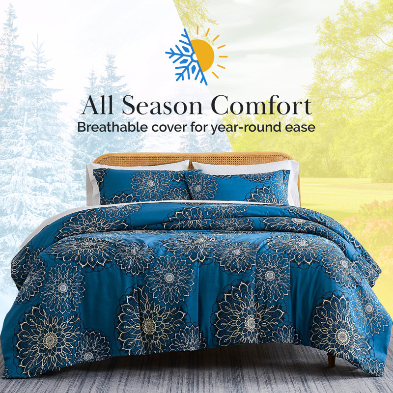 Midnight Floral Duvet Cover Set, King Duvet Cover + 2 Shams, Blue/Yellow
