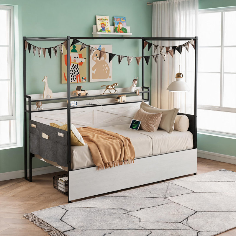 Petite chambre d'amis Lit simple avec rangement en bois aggloméré blanc doux et fabrication en métal avec tiroirs sous le lit, lumières DEL et station de charge