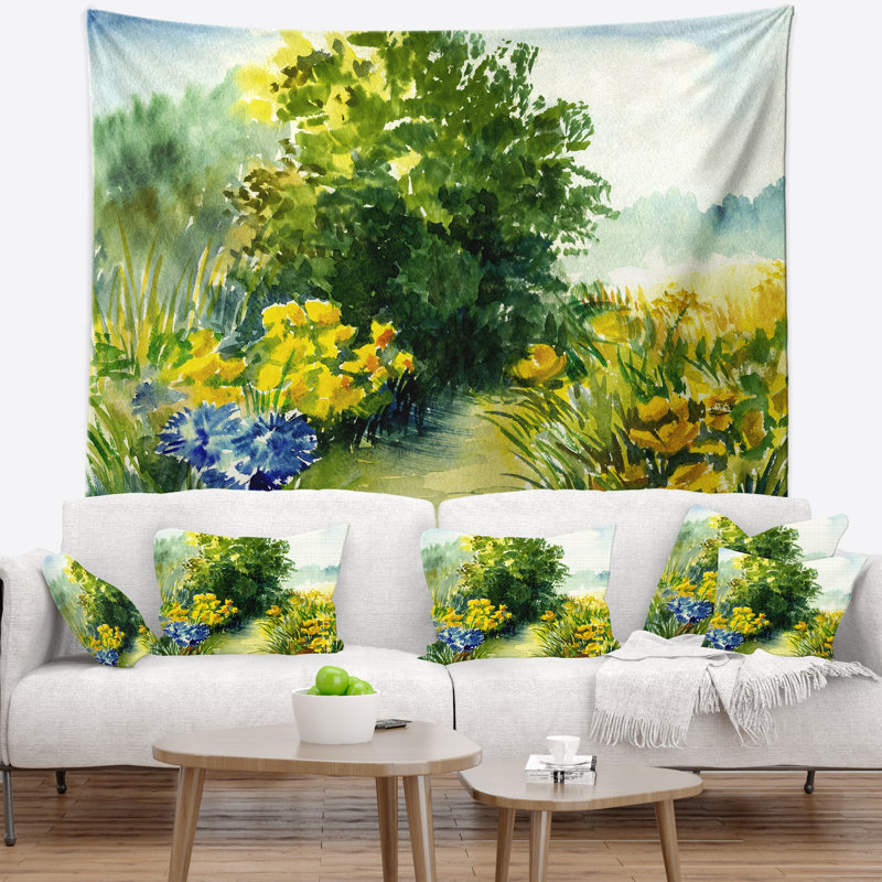 Tapisserie de verdure d'aquarelle de paysage, H 32 po x l 39 po