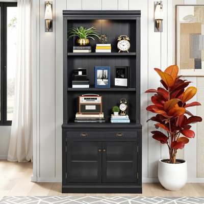 Modern 83.4" Tall Bookcase, LED Lighting Bookshelf with 2 Glass Doors & 1 Drawer Storage, Solid Wood+MDF
