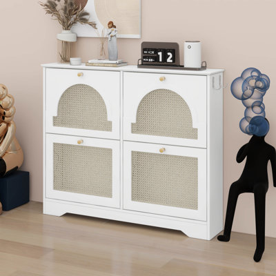 Armoire à chaussures étroite Mid-Century moderne avec 4 tiroirs rabattables et 4 portes en rotin