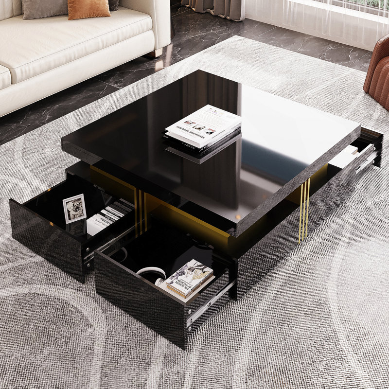 Table basse moderne carrée avec rangement et 4 tiroirs, Noir