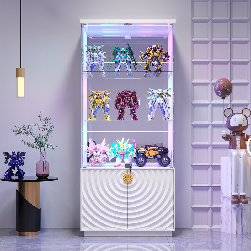 71" Tall Glass Bar Cabinet with RGB LED lighting and motion sensors, Lockable 3-Tier Wine Display Storage Cabinet, White