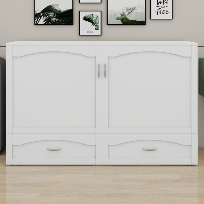 Lit escamotable avec tiroir et ensemble de prises et ports USB, structure de poulie, Blanc
