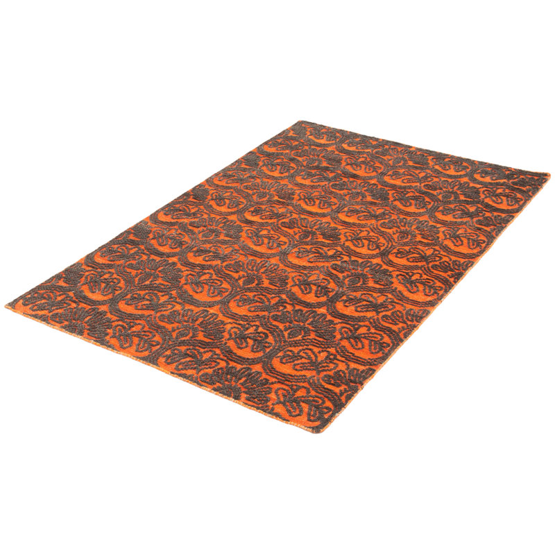 Tapis orange / gris en laine noué à la main Floral