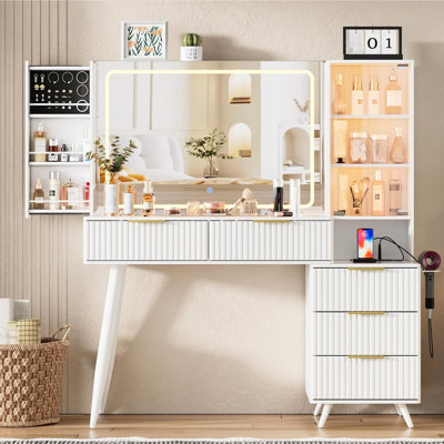 Vanity Desk With Mirror And Lights, 11 Drawers, Glass Top, Cushioned Stool - Bedroom Makeup Table For Women   Top Dressing Brightness Adjustable White