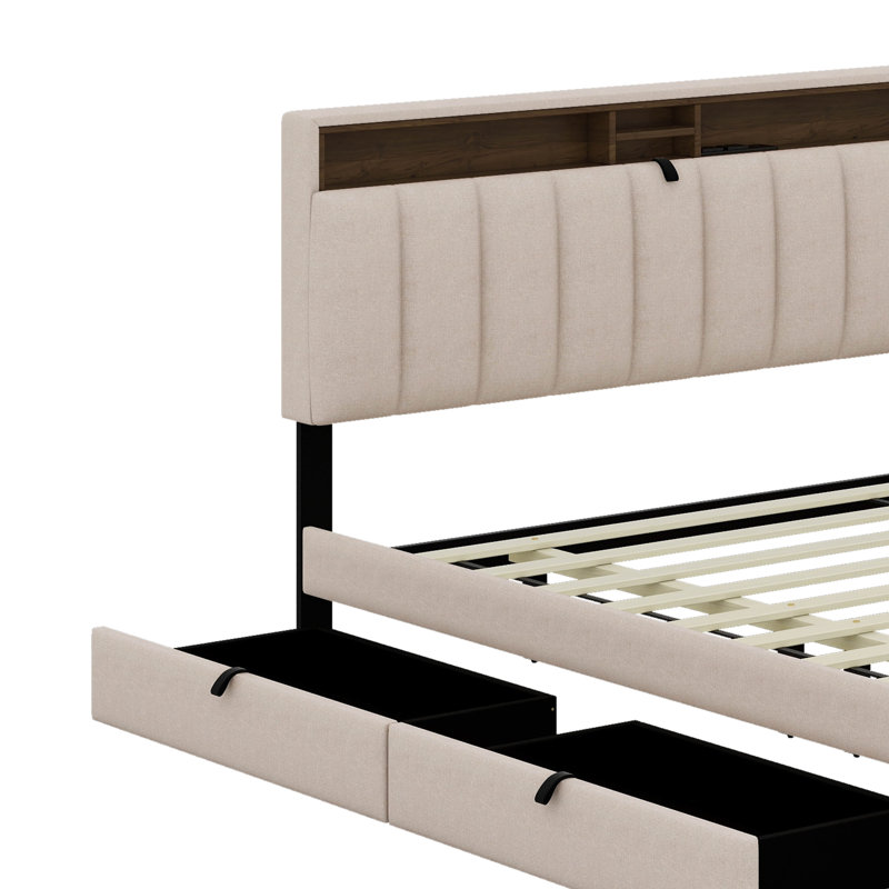 Lit plateforme tapissier avec tête de lit, gigogne et tiroirs de rangement, Beige, Grand lit