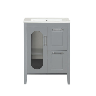 Meuble-lavabo de 24 po avec lavabo, deux tiroirs, porte et tablette réglable, fabrication en bois massif et panneau de fibres à densité moyenne