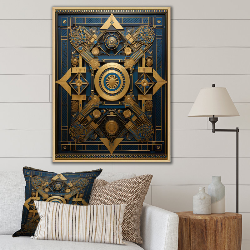 Ancien sceau antique en or et bleu - impression, H 32 po x l 24 po x P 1 po, Cadre naturel flottant