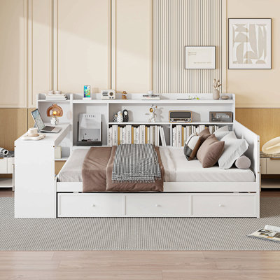 Wooden Daybed With 3 Drawers, USB Ports And Desk 