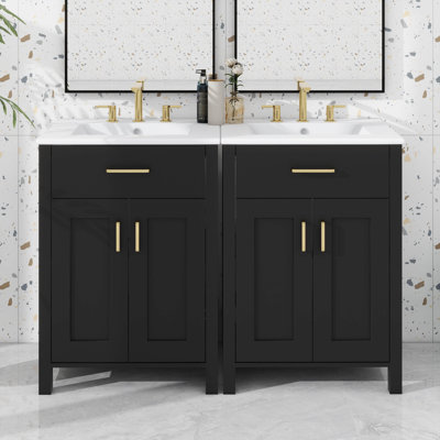 Contemporary 48 Inch Bathroom Vanity Combo With Ceramic Basin, Storage Unit Having Flip Out Drawer And Double Tier Door Shelving