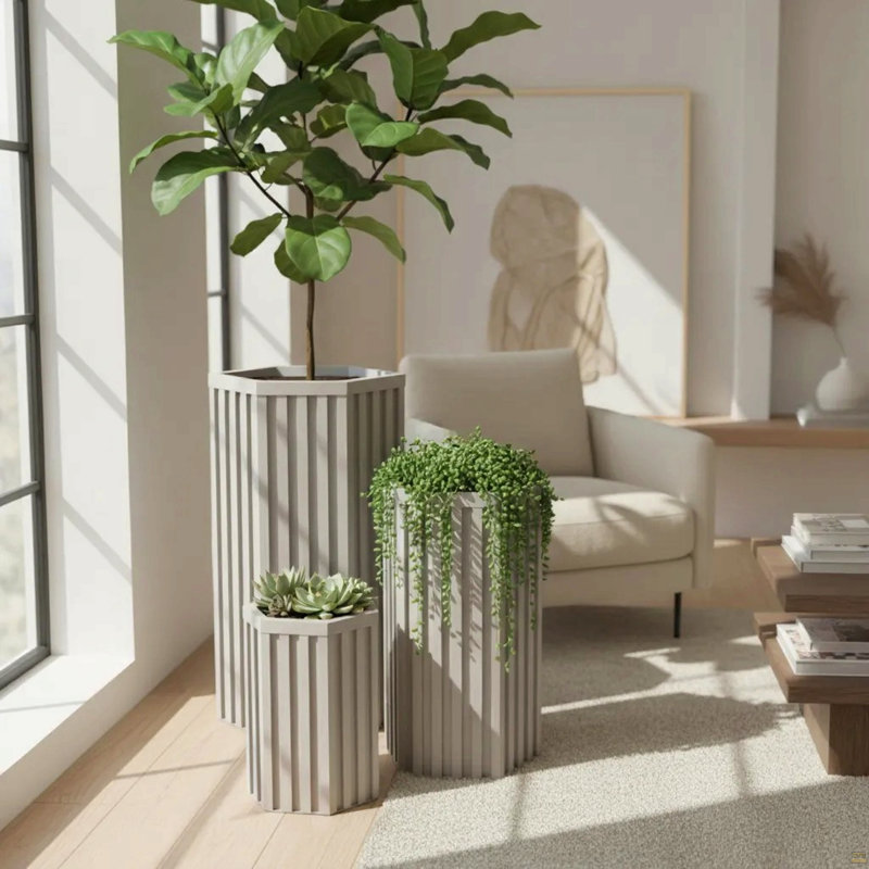Pot de fleurs hexagonal à colonne MD - gris brun, Gris brun