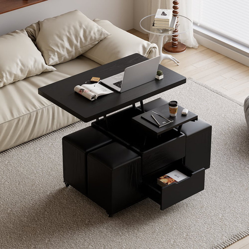 Modern Black Lift Top Coffee Table 4 In 1 With Storage Ottoman Foldable And Casters