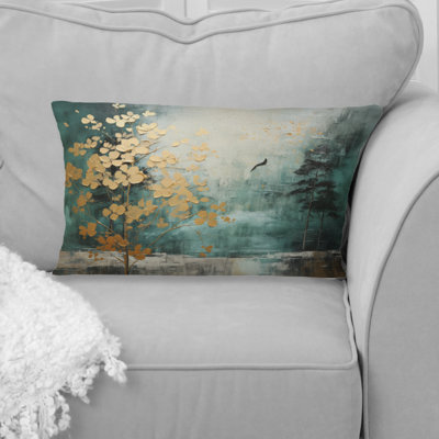 Golden Emerald Forest - Abstract Spirals Printed Throw Pillow