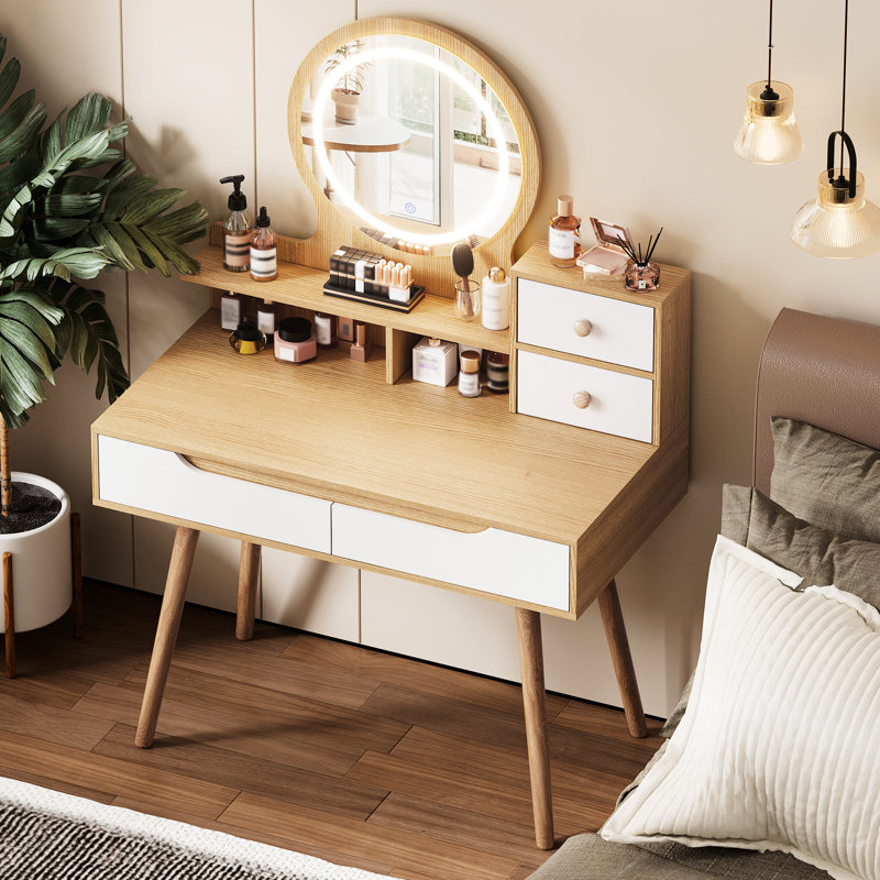 Fashionable Vanity With 4 Drawers And 3 Color Modes For Bedroom Dressing Table Solid Wooden Frame Lighting