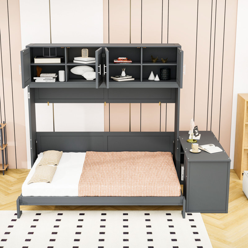 Grand lit escamotable en bois avec mécanisme hydraulique, rangement intégré et bureau polyvalent, Gris