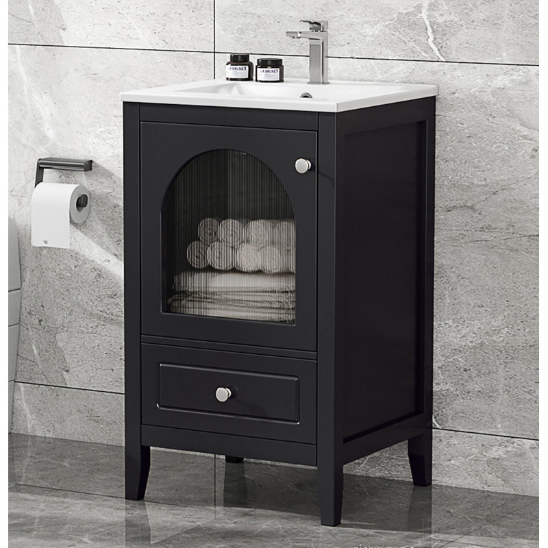 Meuble-lavabo de 20 po avec lavabo, armoire de salle de bain avec porte en verre à fermeture douce, un tiroir,