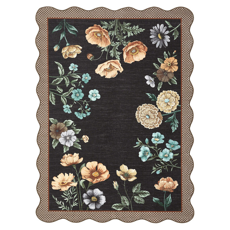 Scalloped Rug Machine Washable Floral Living Room Rugs Non Slip Bedroom Carpet for Nursery Dining Room Dorm Office, Black